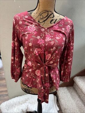 Floral Tie-Front Long Sleeve Top - Mauve Pink
